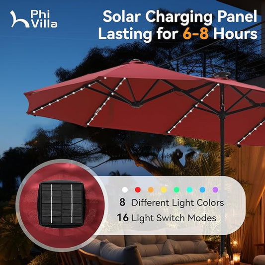 PHI VILLA 13ft Patio Umbrella with Solar-Powered 120 PCS LED Color-Changing Lights, Triple-Head Large Rectangle Umbrella Outdoor Patio for Table with Crank Lift,Red(No Base)