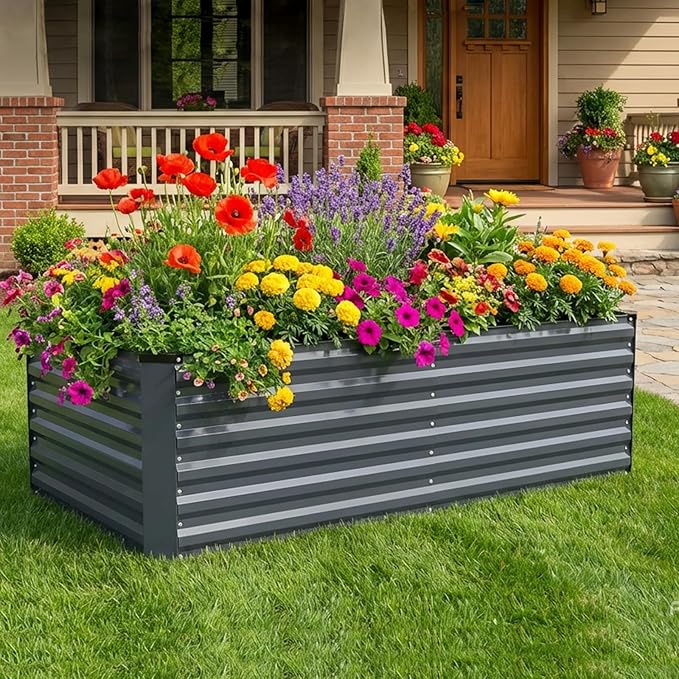 6x3x2FT Galvanized Raised Garden Bed, Outdoor Metal Raised Planter Box for Vegetables, Elevated Rust-Resistant Rectangle Gardening Container Kit with Reinforced Panels for Backyard, Patio(Grey)