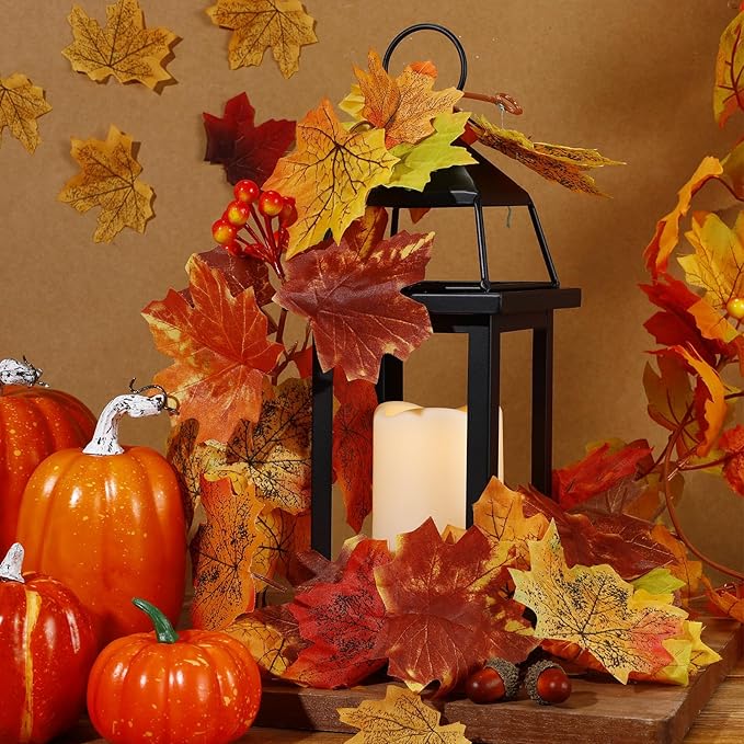 2 Set Fall Lantern Decorations 14in Thanksgiving Metal Lantern Holder with Led Candle Vintage Candle Holder with Maple Vine Decor for Outdoor Indoor Patio Front Porch Table
