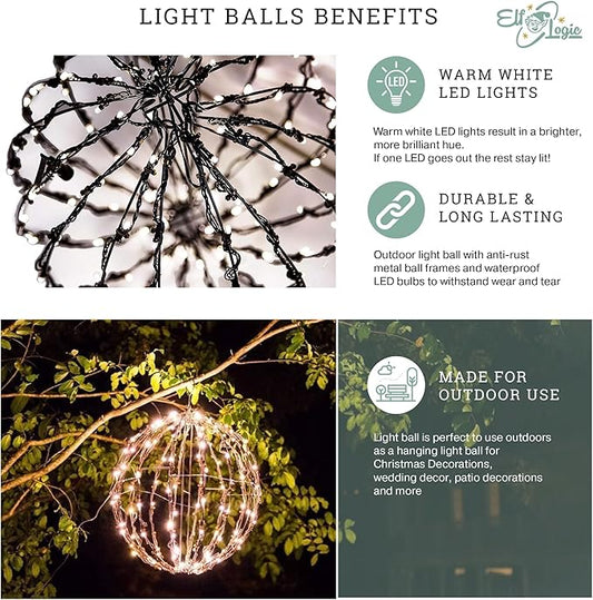 Elf Logic 16” Outdoor/Indoor LED Christmas Light Ball with Automatic Timer. Durable, Waterproof, Long-Lasting, Lightweight Bright Light Ball. Warm LED Lights for Holiday Decor, Patio, Wedding Decor