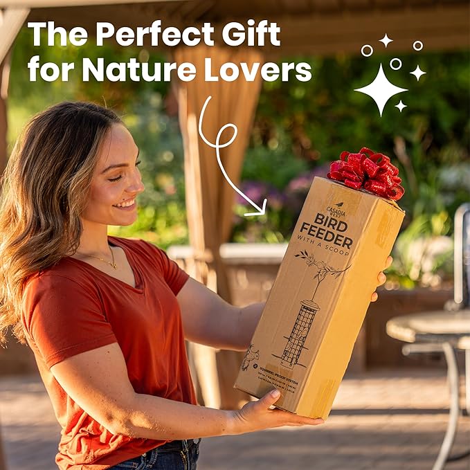 Squirrel-Proof Bird Feeders for Outdoors Feeds Mealworms and Seeds - Large 3-Pound Capacity, Weather-Resistant Hanging Tube for Birds Includes Seed Scoop, 4 Hook-Shaped Perches, Anti-Squirrel Weights