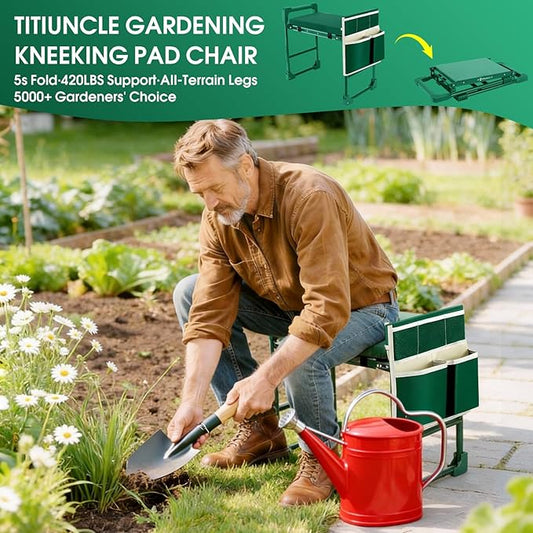 Garden Kneeler and Seat for Seniors: Heavy Duty 420 LBS Support Anti-Tip Multifunctional Gardening Stool Bench with Widened Thick Soft Kneeling Pad &Tool Bag - Foldable for Gardeners