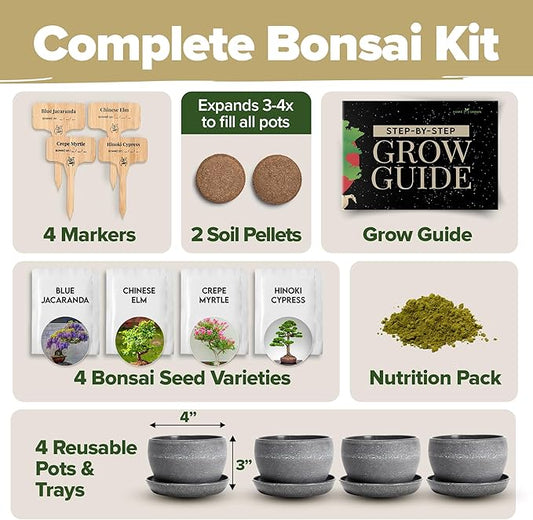 HOME GROWN Bonsai Tree Kit β Grow 4 Bonsai Types Indoors with Complete Starter Kit Including Pots Peat Pellets and Bonus Grow Guide β Unique Gardening Gift for Men Women Beginners