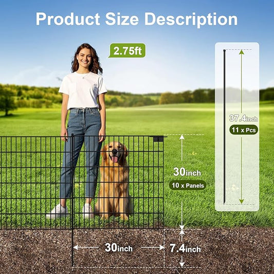 Land Guard 10-Panels No Dig Decorative Fence 30 in(H) x 25 ft(L), Tall Garden Fence Animal Barrier, Removable Fence for Garden, Rustproof Metal Animal Barrier Ground Stakes Fencing