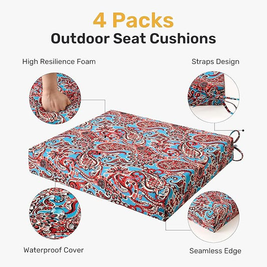 UNIKOME Outdoor Chair Cushions Pack of 4, Water Resistant Patio Cushions with Ties, High Density Sponge Filling Square Corner Seat Cushions for Outdoor Furniture, 19"*19"*3", Brown Paisley