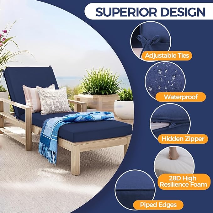 Outdoor Chaise Lounge Cushion - Waterproof & Fade Resistant Patio Lounger Cushions with Removable Cover for Pool, Deck, Lawn .70 x 22 x 4 Inch (Blue)