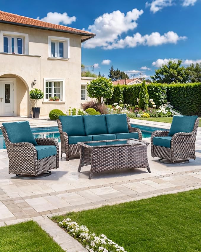 Luxury 22x24/22x25 6-Inch Outdoor Seat Cushions - Set of 2 Water Resistant Patio Chair Cushion for Porch Set Rattan Dining Rocker Glider Chairs Loveseat Couch Sectional Sofa - Peacock Blue