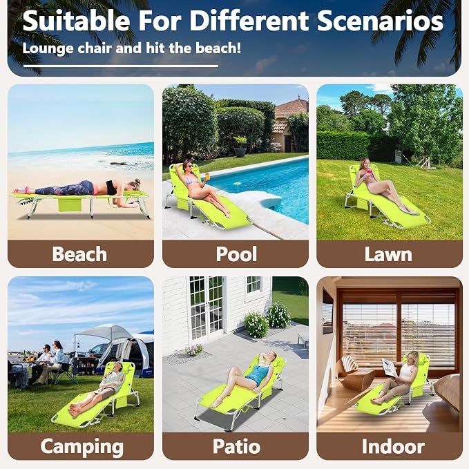 HRVEOCEI 3-in-1 Sun Tanning Chair with Face Hole,Adjustable 5-Position Folding Laying Out Chairs for Tanning,Outdoor Face Down Beach Lounger Sun Bathing Lounge Chair for Pool Deck Patio (Green)