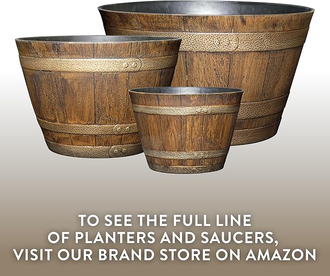 Classic Home and Garden Outdoor Whiskey Resin Flower Pot Barrel Planter, Walnut Brown, 20.5" (2 Pack)