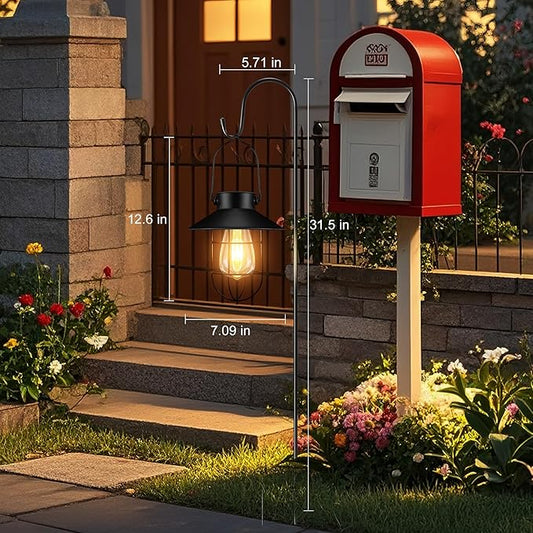 pearlstar 2 Pack Solar Lights Outdoor, Hanging Solar Lanterns with Edison Bulb and 2 x 32 Inch Shepherd Hooks, Waterproof Landscape Lighting for Garden Patio Yard Pathway Driveway Lawn (Black)