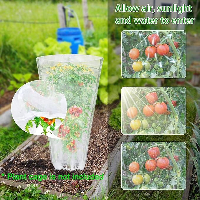 4 Pcs Garden Bird Netting for Small Round Plant Cage, 23" H x 8" W Tomato Cage Mesh Plant Cover with Drawstring, Small Plants Trelli Pest Barrier Garden Protection Net for Pots Plants Vegetables