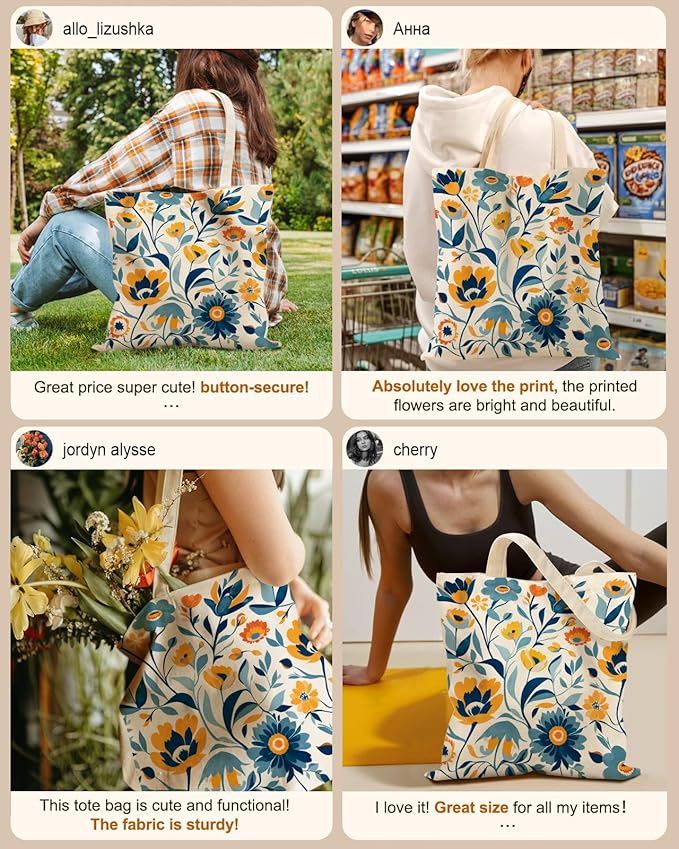 Miss Adola Canvas Tote Bag for Women – Aesthetic Canvas Bag with Zipper Cute Stylish Reusable Shoulder Totes for Shopping Work Daily Vacation, Blue Yellow Flower