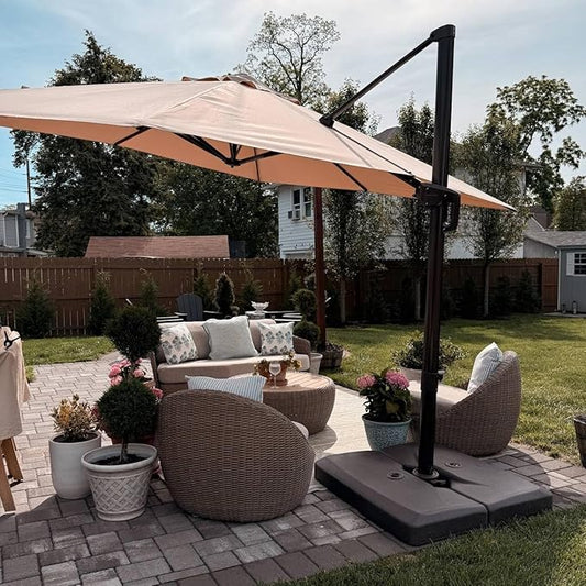 PURPLE LEAF 9X9Ft Patio Umbrella With Base Square Cantilever Umbrella Outdoor with 360° Rotation and Aluminum Offset Hanging for Pool Deck Garden Backyard, Taupe