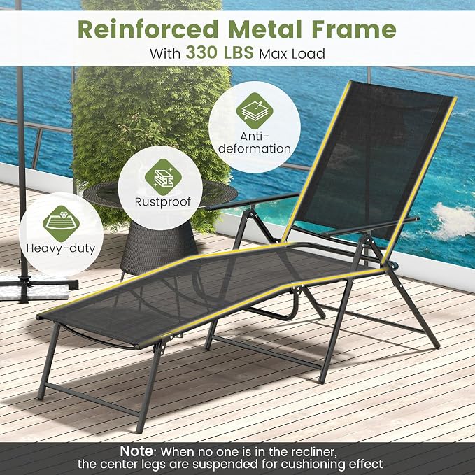 Giantex Lounge Chair Outdoor Set of 2 - Tanning Chair with 6 Adjustable Backrest, 2-Level Footrest, Folding Sunbathing Lounger for Patio, Poolside, Yard, Chaise Lounge Chair, Beach Chair (Black)
