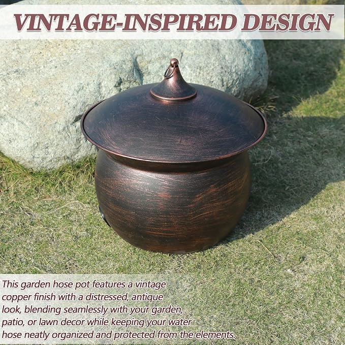 Metal Garden Hose Storage Pot, Vintage Copper Finish Hose Holder with Lid, Heavy-Duty Outdoor Water Hose Container for Patio/Yard/Lawn Decor
