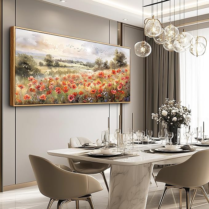 QIYILEXWART Canvas Wall Art For Living Room Wall Decor For Bedroom Office Wall Decoration Red Blooms Field Landscape Painting Farmhouse Pictures Artwork Room Aesthetic Home Decor 20x40 In