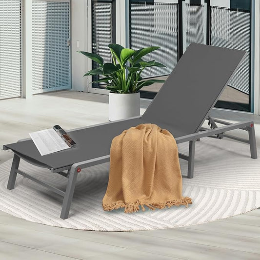 Kozyard Lounge Chair Outdoor Foldable Lounge Chair with 5 Adjustable Backrest Patio Lounger, Assemble-Free, Recliner and Full Flat Chairs for Patio Beach Pool (Gray Textilence W/O Table)