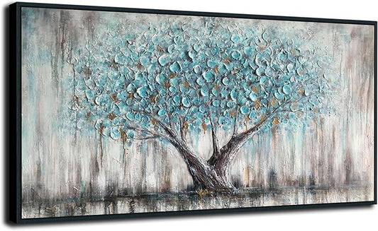 Arjun Framed Blue Tree Canvas Wall Art for Living Room Tree of Life Abstract Bedroom Textured Painting, Nature Picture Panoramic Landscape Artwork Home Office Decor, Black Wood Large 48"x24"