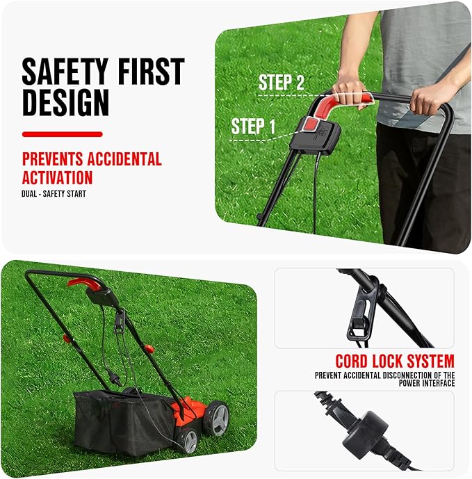 EWORK Electric Dethatcher and Scarifier 14-Inch 12 Amp 2-in-1 Lawn Dethatcher and Aerator with Collection Bag, Blade Replacement Without Tool, 5-Position Depth Adjustment for Gardening Care