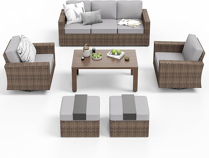 Patio Furniture Set, 6 Pieces Outdoor Furniture Sets, Wicker Conversation Set with Swivel Rocker Chairs, Ottomans and Coffe Table, High Back Conversation Set Garden, Grey