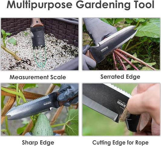 Hori Hori Garden Knife, Garden Tools with Sheath for Weeding, Planting, Digging, 7" Stainless Steel Blade with Cutting Edge, Full-Tang Walnut Wood Handle with Hanging Hole