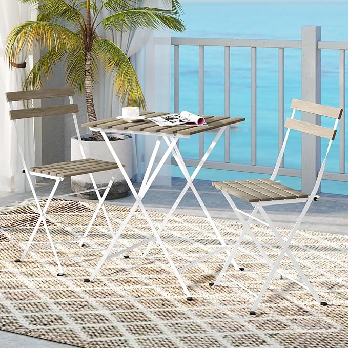 Giantex 3-Piece Acacia Wood Bistro Set, Patio Bistro Table with 2 Folding Chairs, Slatted Seat & Tabletop, Metal Frame, Outdoor Furniture Set for Backyard, Porch, Garden, Poolside (White + Gray)