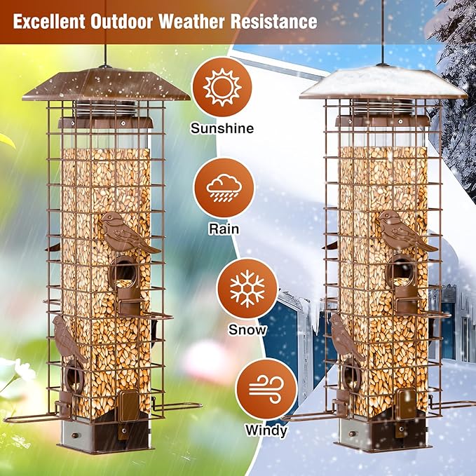 Squirrel-Proof Metal Bird Feeder with Removable Base, Weight-Activated Cage, Easy to Clean, Sturdy & Rust-Resistant, 3 lb Capacity, Outdoor Hanging Tube Bird Feeder for Cardinals & Finches