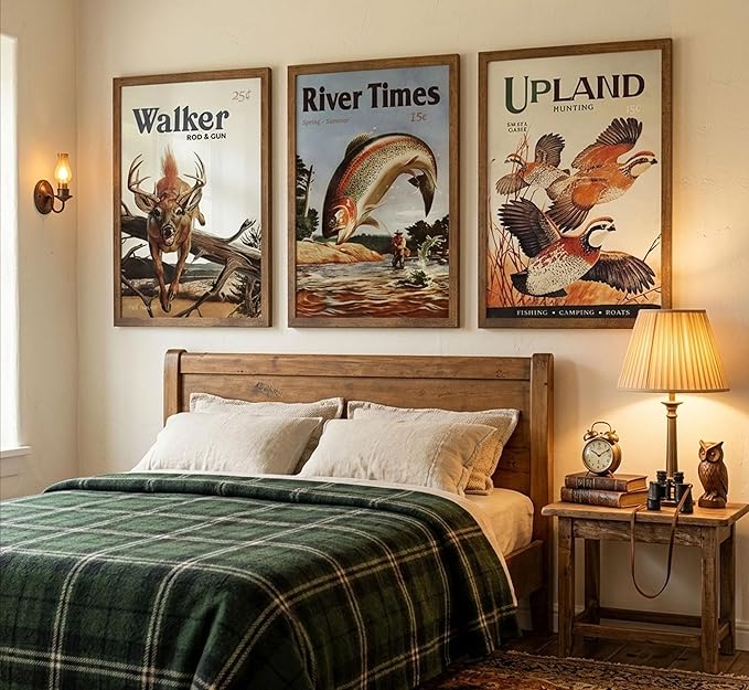 3Pcs Retro Hunting Canvas Wall Art Outdoorsy Wild Animal Posters Prints Nature Wilderness Deer Wild Duck Fishing Wall Decor Pictures Gift Send Hunter Dad For Farmhouse Living Room Bedroom Decoration