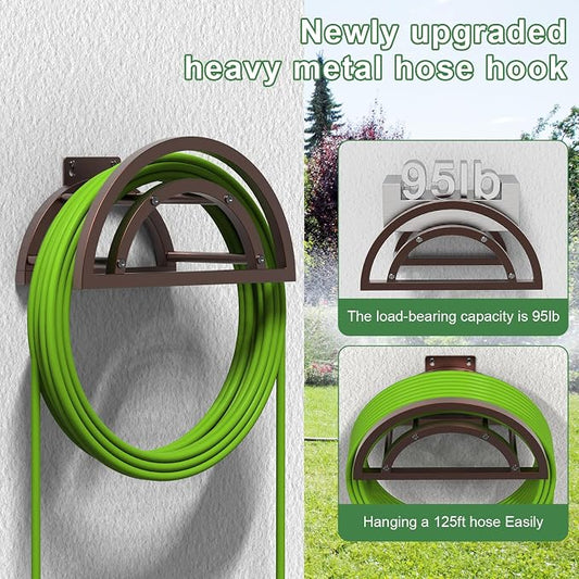 2 Pack Garden Hose Holder, Outdoor Hose Holder Wall Mounted Holds 125-ft Hose, Heavy Duty Metal Hose Hanger, Sturdy Detachable Hose Reel Storage Organizer, Hose Rack for Outside Garden Lawn, Bronze