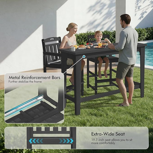 Ciokea Heavy-Duty Outdoor Bar Set, Rectangle High Top Table and 2 Oversized Adirondack Chairs Set, HDPE Modern Patio Bar Set for Outside Bistro Backyard Balcony Deck Outside, Black