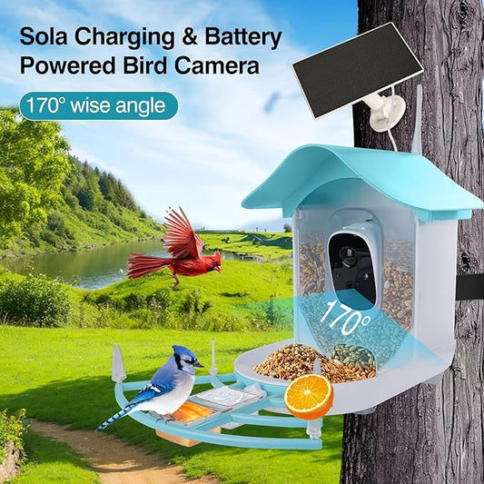 Bird Feeder with Camera Solar Powered,AI Identify Bird Species,2K HD Video Live Auto Capture Outdoor Backyard,Birdwatching,Ideal Gift for Family Birds Lovers(Blue)