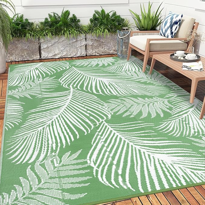 Pauwer Waterproof Outdoor Rug 9x12, Reversible Plastic Straw Patio Camping Rug, Indoor Outdoor RV Mat Carpet for Deck, Camper, Porch, Balcony, Backyard, Picnic, Leaf Green