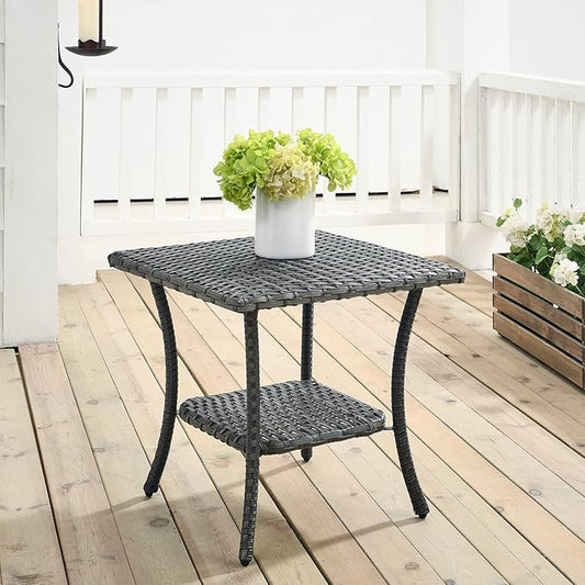 HUMMUH Outdoor End Table,Patio Wicker Small Side Table, PE Rattan Coffee Table with 2-Tier Storage Shelf for Bistro Set Conversation Sets Grey