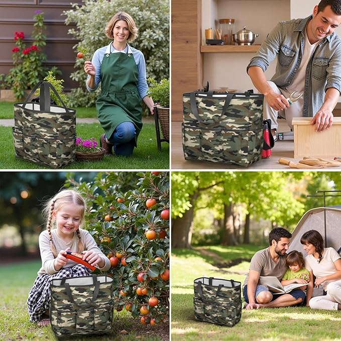 Green Camo Garden Tool Bag - Waterproof Garden Tote with 8 Pockets, Large Storage Home Organizer Gardening Tool Oxford Bag for Garden Tools Kits Holder, Ideal Outdoor Gardening Gift for Women & Men