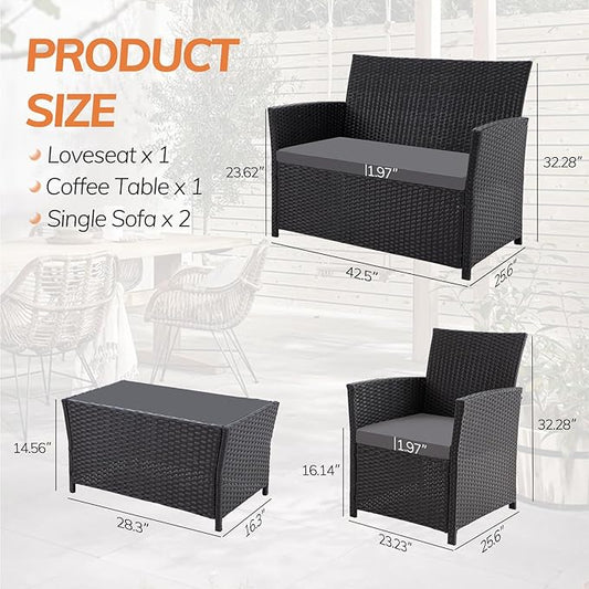 4 Piece Patio Furniture Set, Outdoor Wicker Conversation Set, Rattan Sectional Sofa Couch with Glass Coffee Table & Thick Cushion for Backyard, Porch, Garden, Poolside, Black/Grey
