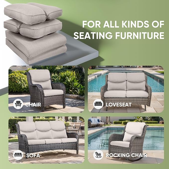 Outdoor Chair Cushion Set of 3, Waterproof Outdoor Seat Cushions 25x22, Patio Chair Cushions for Outdoor Furniture, Couch Cushion Replacement, Include 3 Back & 3 Seat Cushions, Smile/Beige