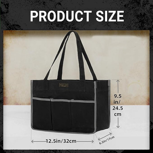 Durable 16OZ Waxed Canvas Tool Bag with Handle - A Large Main Pocket and 6 Exterior Pockets (12.5 x 6.5 x 9.5 Inches) Black