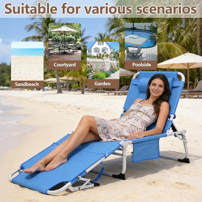 3-in-1 Heavy Duty Tanning Chair with Face Hole Adjustable 5-Position Folding Chaise Lounge Chairs Portable Lay Flat Beach Lounge Chair for Outdoor Sunbathing Patio Pool Lawn Camping Deck (Blue)