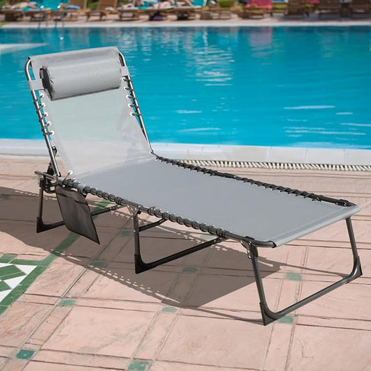 VEIKOU Chaise Lounge Chair 5-Position for Outside, Upgraded Adjustable Sun Lounger, Folding Outdoor Lounge Chairs for Lawn Patio Pool Beach Sunbath, Deep Grey