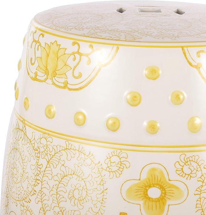 JONATHAN Y Double Happiness 18" Ceramic Garden Stool, Traditional Chinoiserie Yellow and White Indoor/Outdoor Patio Drum Accent Side Table and Plant Stand TBL1013B