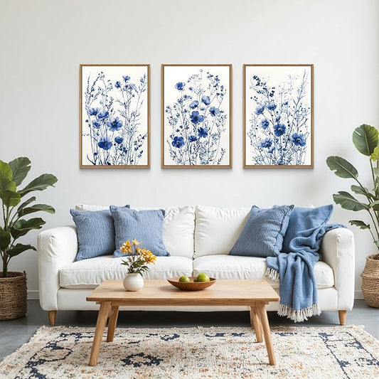 FWIEXA Blue White Wildflower Canvas Wall Art Set of 3, Framed Navy Chinoiserie Watercolor Botanical Pictures Wall Decor, Minimalist Floral Paintings Artwork, 16x24In Florals Prints for Living Room, Bedroom, Bathroom