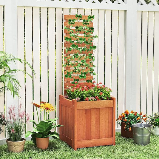 Giantex Wood Raised Garden Bed with Trellis Set of 2, Outdoor Planter Box w/Open-Ended Base for Climbing Plants, 18'' Planting Depth Freestanding Privacy Planters Trellis Planter for Patio, Backyard