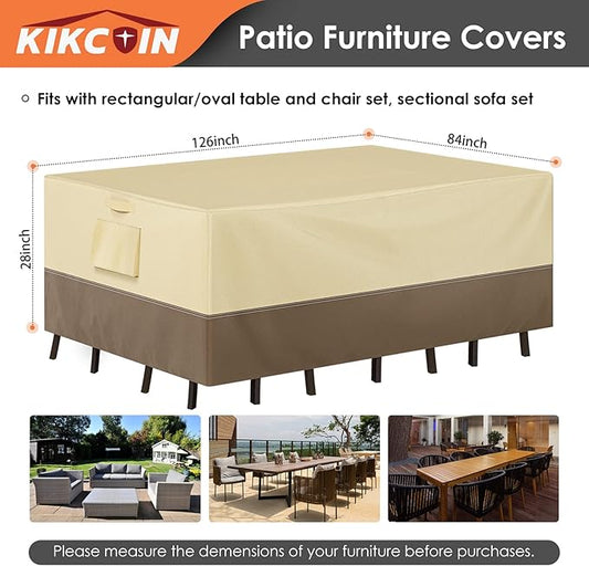 Extra Heavy Duty Patio Furniture Covers - 3 Layer Waterproof Outdoor Furniture Covers for 6-10 Seat Patio Furniture Set - All Seasons Protection - 126"L x 84"W x 28"H