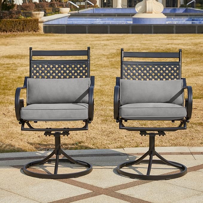 MELLCOM Patio Swivel Chair Set of 4, Heavy Duty Outdoor Dining Chairs with Cushions and Lumbar Pillows, Metal Patio Chairs Gentle Rocker for Outside, Garden Lawn & Porch, Backyard, Grey