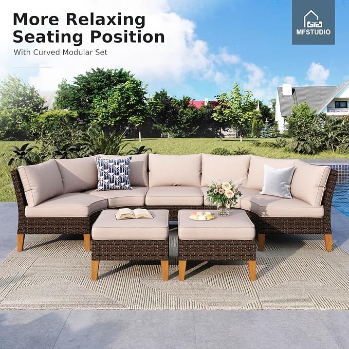 MFSTUDIO 10 Pieces Wicker Patio Furniture Set, All-Weather Rattan Outdoor Half-Moon Curved Sectional Sofa Set for Garden, Backyard, 4 x Curved Sofa, 2 x Armless Chair, 2 x Ottomans, 2 x Corner Sofa