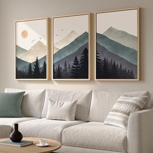 Framed Boho Mountain Landscape Wall Art for Living Room, Large Bohemian Forest Canvas Paintings Artwork for Walls, 3 Piece Nature Wall Picture for Hallway Bedroom Office Wall Decor, 24x36 Inch
