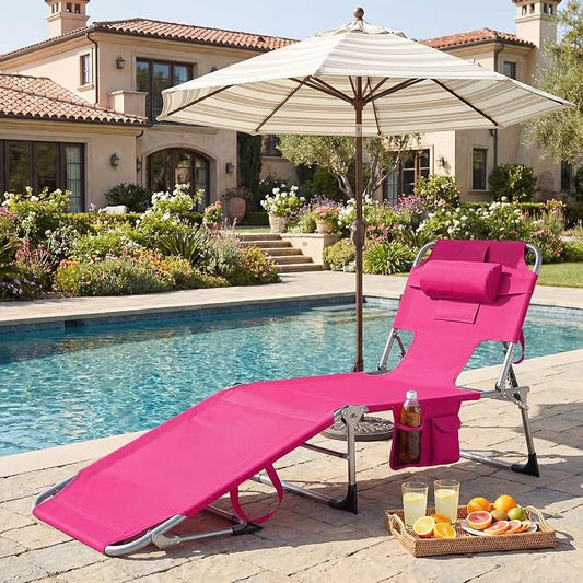 GYMAX Tanning Chair with Face Hole, Sun Bathing Lounge Chairs for Outside with Side Pocket, Folding Portable Face Down Layout Tanning Chair Beach, Backyard, Poolside, Lawn (Pink,2)