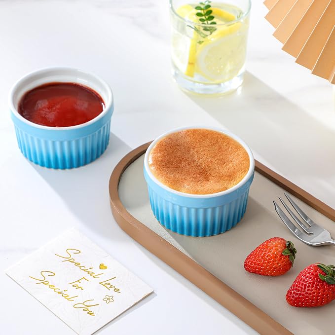 MALACASA Ramekins 4 oz Oven Safe, Small Ceramic Souffle Dishes for Creme Brulee Souffle, Stoneware Custard Cups Ramiken for Baking, Baking Bowls Dipping Sauce Dish Set of 6, Blue, Series RAMEKIN-DISH
