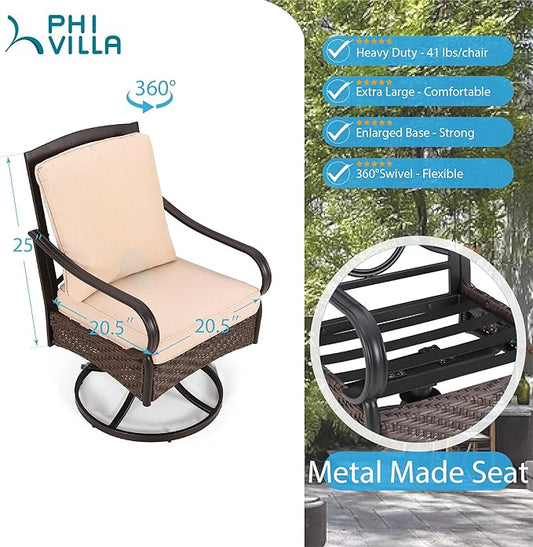 PHI VILLA Outdoor Swivel Chairs Set of 2, Heavy Duty Outdoor Metal Wicker Dining Chair with Padded Cushions, Large All Weather Wrought Iron Patio Chair for Balcony
