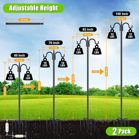 Gtongoko Bird Feeder Pole for Outdoors Heavy Duty, 2 Pack 92 Inch Double Shepherds Hook with 5-Prong Stable Base, 3/4 Inch Thick Hummingbird Feeder Stand for Hanging Plants, Lanterns